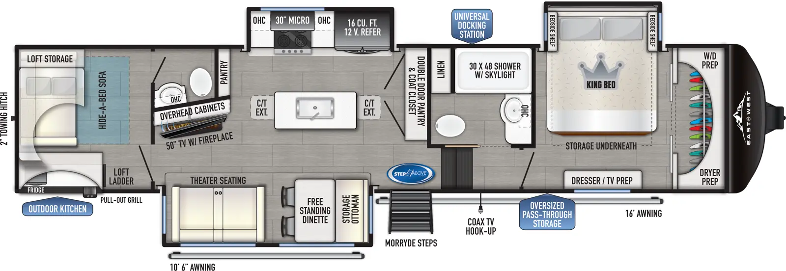 The 375BH-OK has 3 slideouts and one entry. Exterior features an oversized pass through storage, universal docking station, MORryde steps, coax TV hookup, 10 foot 6 inch awning and 16 foot awning, outdoor kitchen with pull-out grill and refrigerator, and 2 inch towing hitch. Interior layout front to back: front closet with washer/dryer prep, off-door side king bed slideout with storage underneath, and door side dresser with TV prep; off-door side full bathroom with overhead cabinet, linen closet, and shower with skylight; steps down to main living area and entry; double door pantry and coat closet along inner wall; off-door side slideout with 12V refrigerator, overhead cabinet, microwave, and cooktop, and pantry along inner wall; kitchen island with sink and extensions; door side slideout with free-standing dinette with storage ottoman, and theater seating; angled inner wall with overhead cabinets and TV with fireplace; rear bunk room with half bathroom and loft bed and storage above rear hide-a-bed sofa.